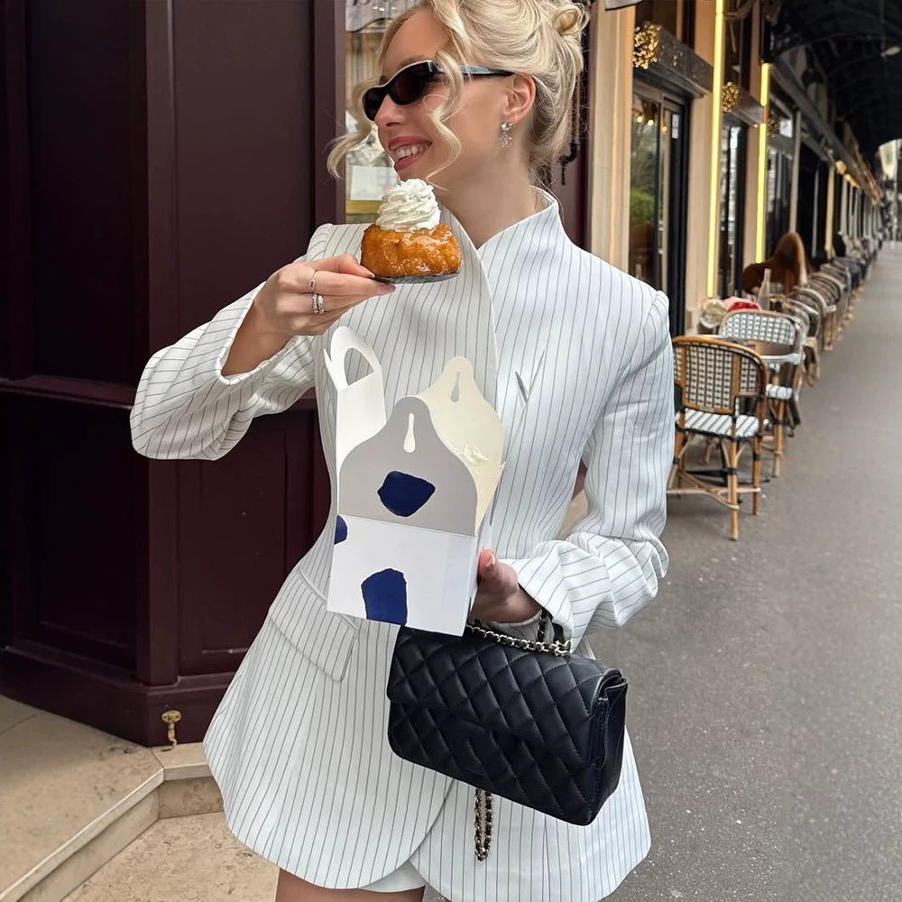 Women's Tailored Pinstripe Blazer with Flared Peplum and Stand-Up Collar Chichicherry - Chichicherry