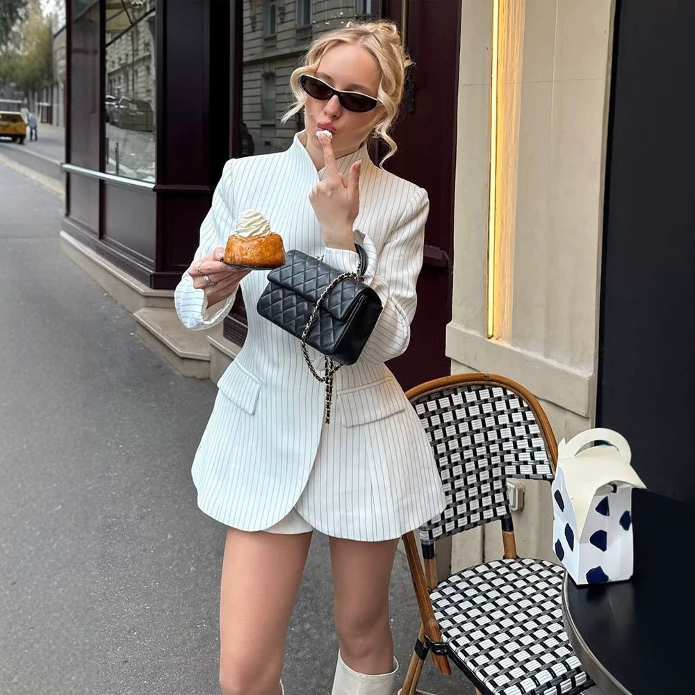 Women's Tailored Pinstripe Blazer with Flared Peplum and Stand-Up Collar Chichicherry - Chichicherry