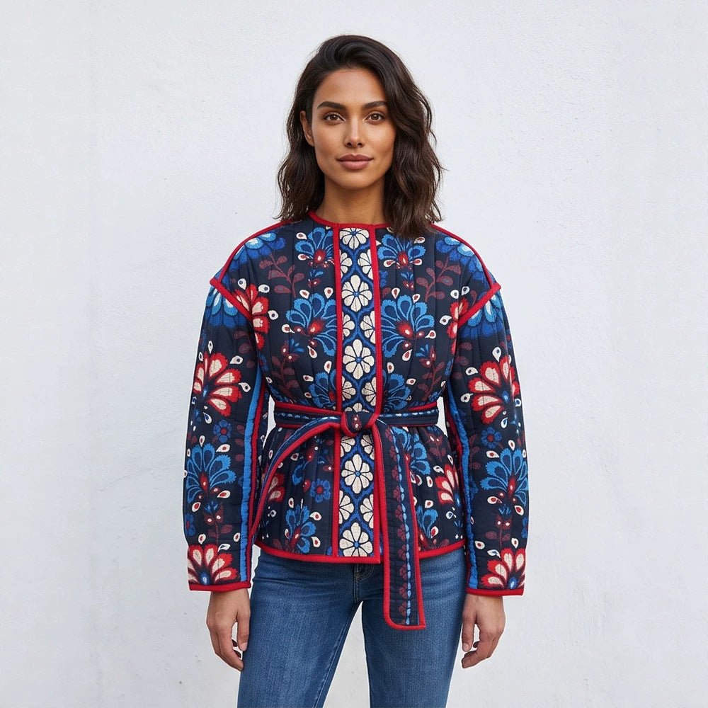 Women's Tailored Quilted Jacquard Cotton Jacket with Folk Floral Pattern & Tie Belt Chichicherry - Chichicherry