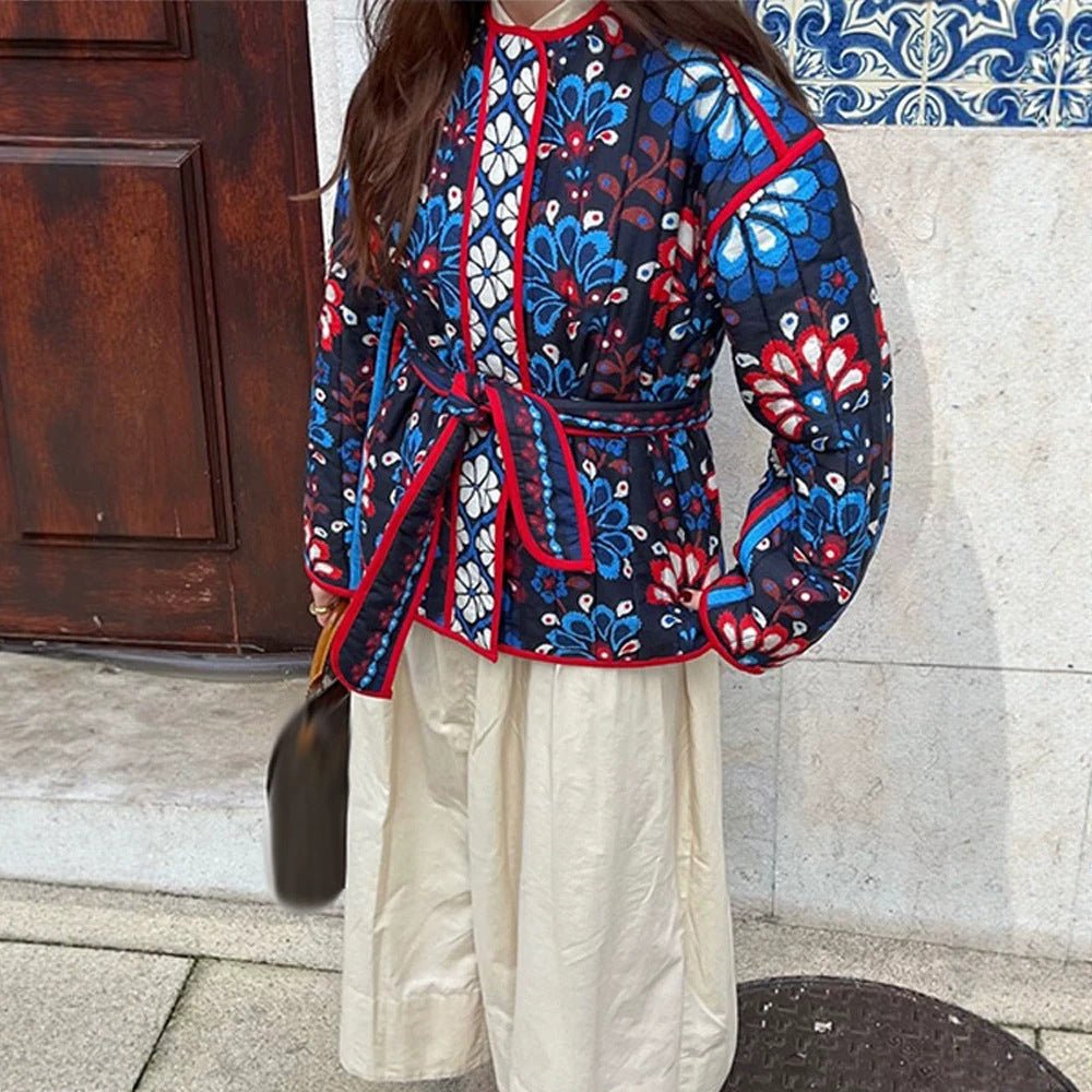Women's Tailored Quilted Jacquard Cotton Jacket with Folk Floral Pattern & Tie Belt Chichicherry - Chichicherry