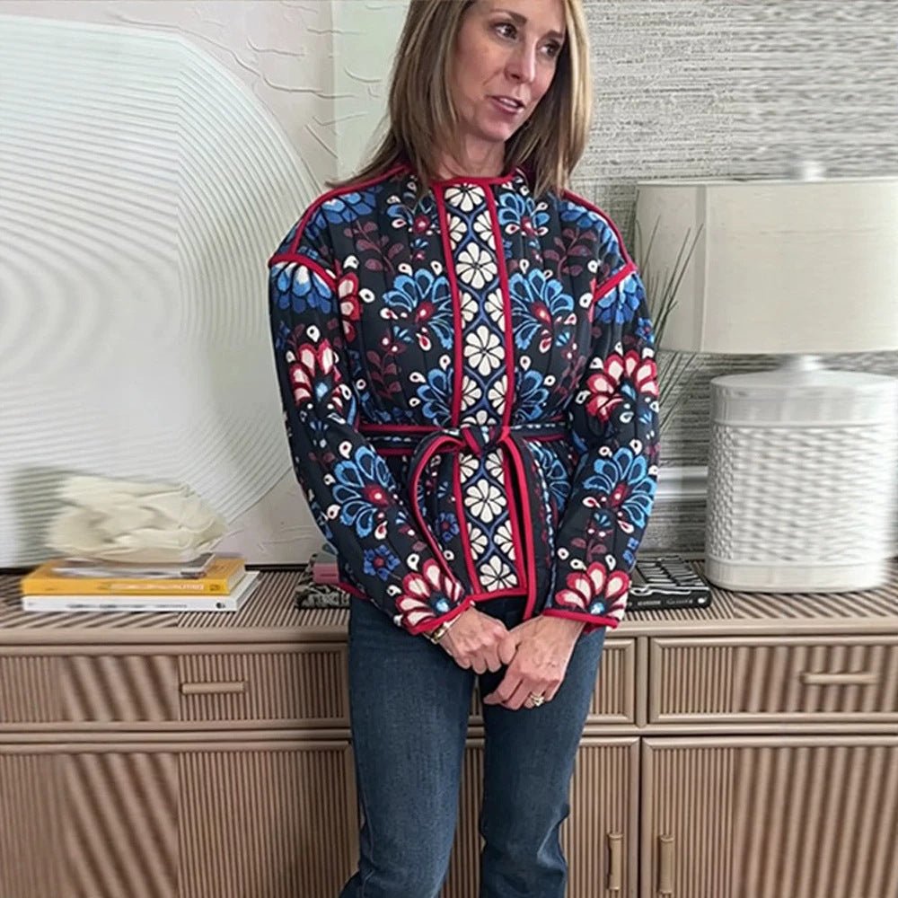 Women's Tailored Quilted Jacquard Cotton Jacket with Folk Floral Pattern & Tie Belt Chichicherry - Chichicherry