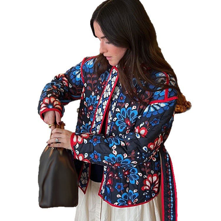 Women's Tailored Quilted Jacquard Cotton Jacket with Folk Floral Pattern & Tie Belt Chichicherry - Chichicherry