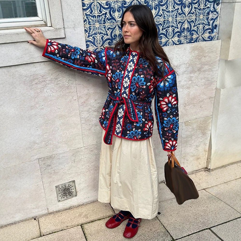 Women's Tailored Quilted Jacquard Cotton Jacket with Folk Floral Pattern & Tie Belt Chichicherry - Chichicherry