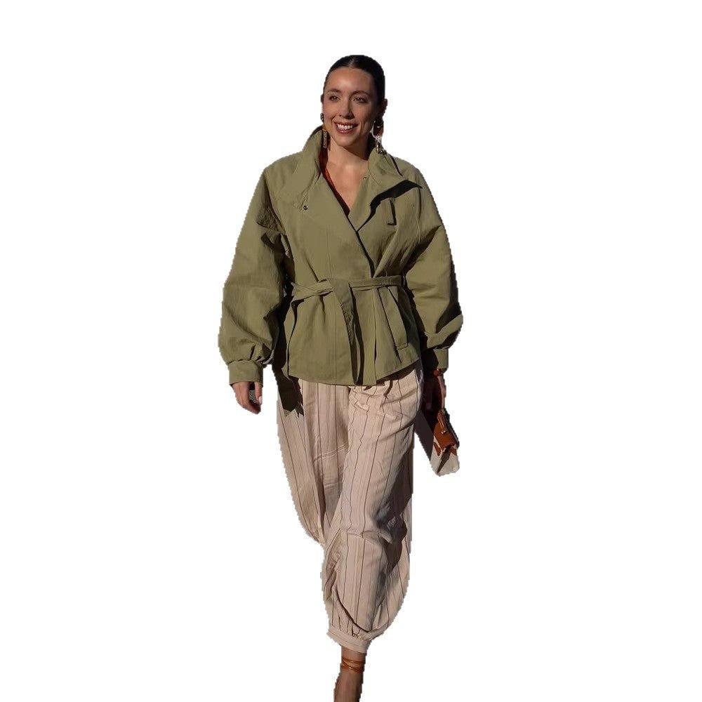 Women's Tailored Short Parka with Stand-up Collar, Balloon Sleeves and Ties Belt Chichicherry - Chichicherry
