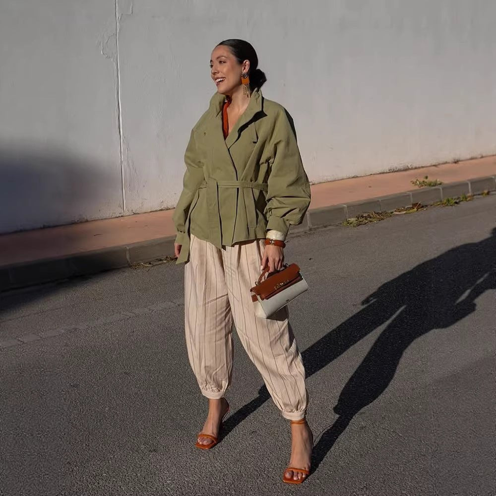 Women's Tailored Short Parka with Stand-up Collar, Balloon Sleeves and Ties Belt Chichicherry - Chichicherry