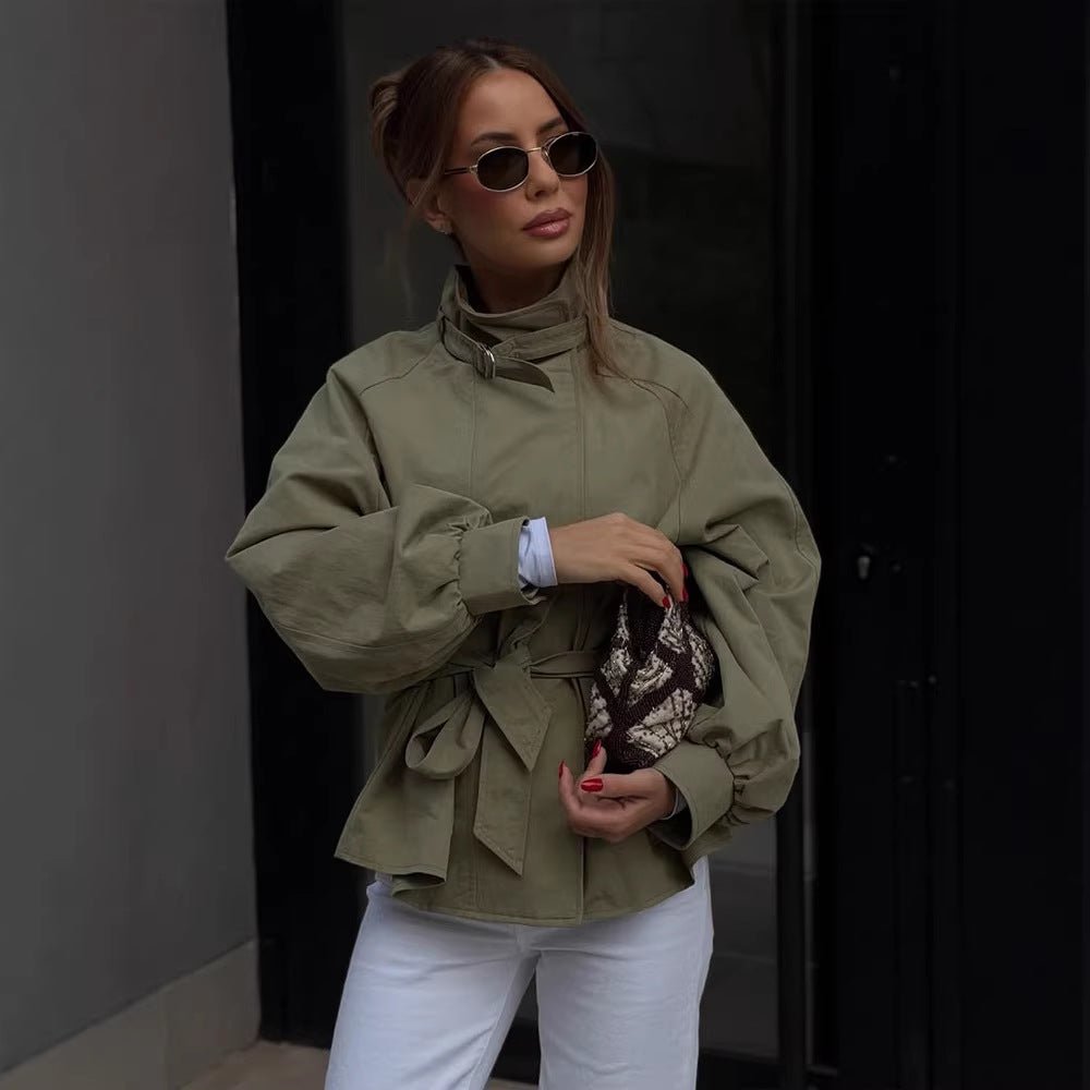 Women's Tailored Short Parka with Stand-up Collar, Balloon Sleeves and Ties Belt Chichicherry - Chichicherry