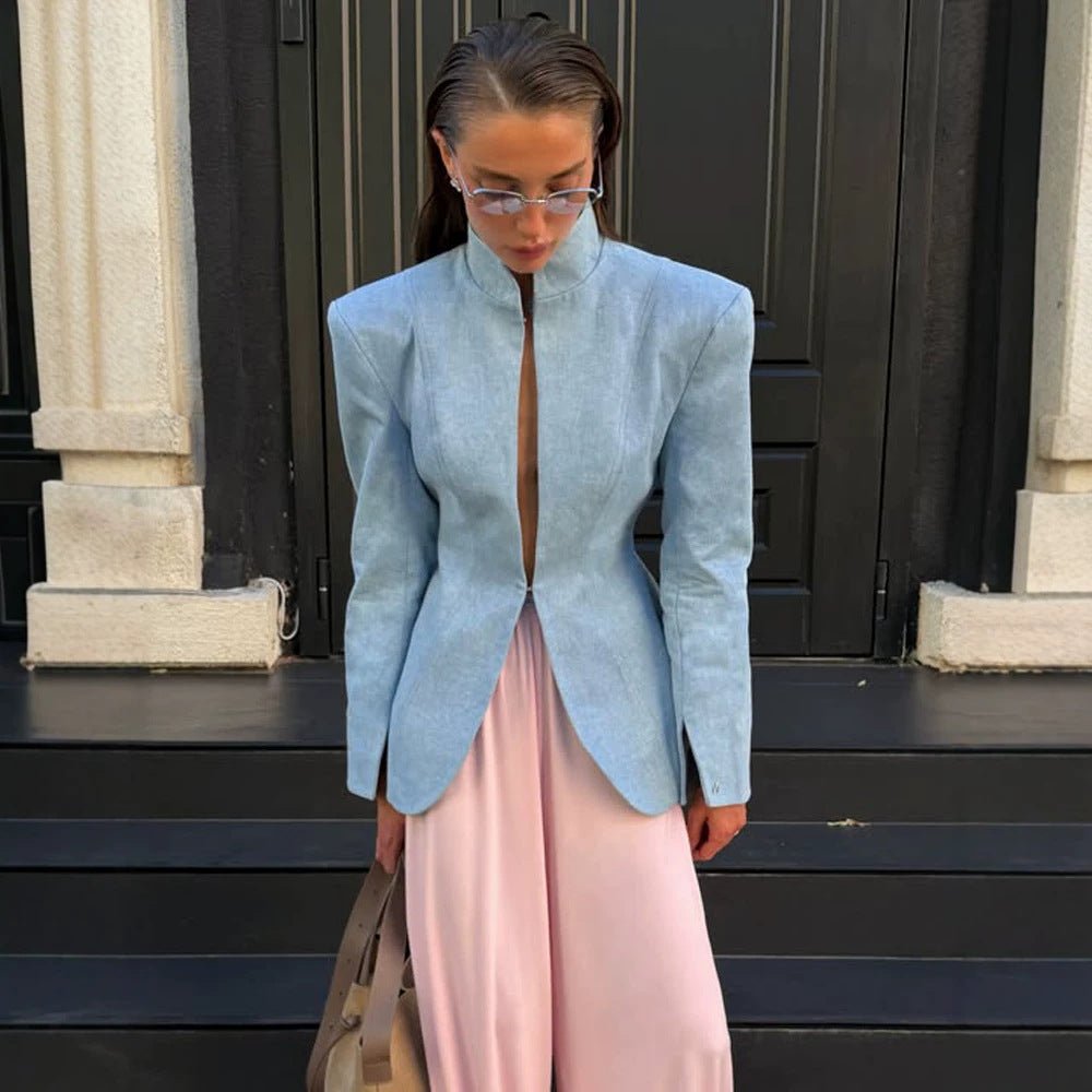 Women's tailored stand collar blazer with concealed hook closure and curved hem Chichicherry - Chichicherry