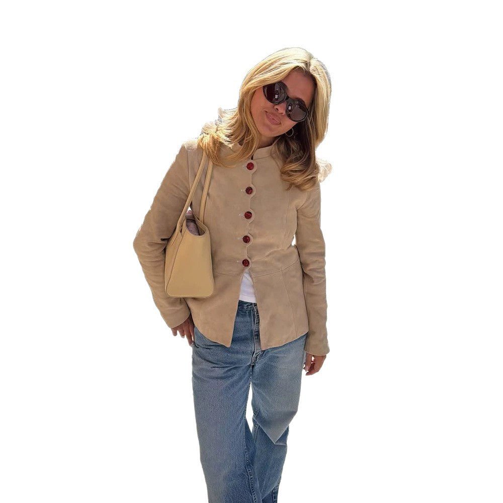 Women's Tailored Suede Blazer with Stand Collar and Decorative Buttons Chichicherry - Chichicherry