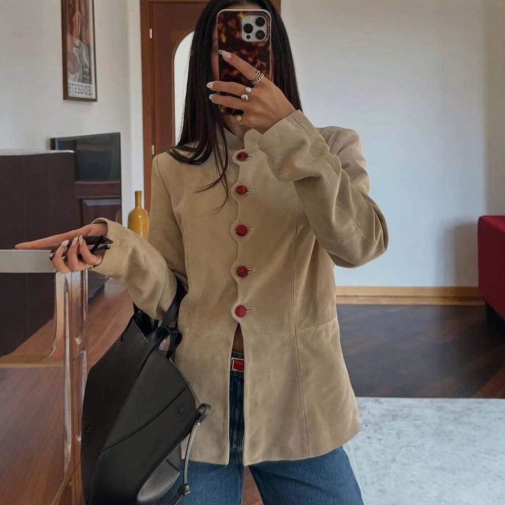 Women's Tailored Suede Blazer with Stand Collar and Decorative Buttons Chichicherry - Chichicherry