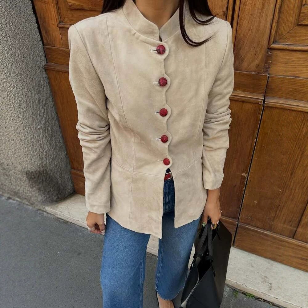 Women's Tailored Suede Blazer with Stand Collar and Decorative Buttons Chichicherry - Chichicherry