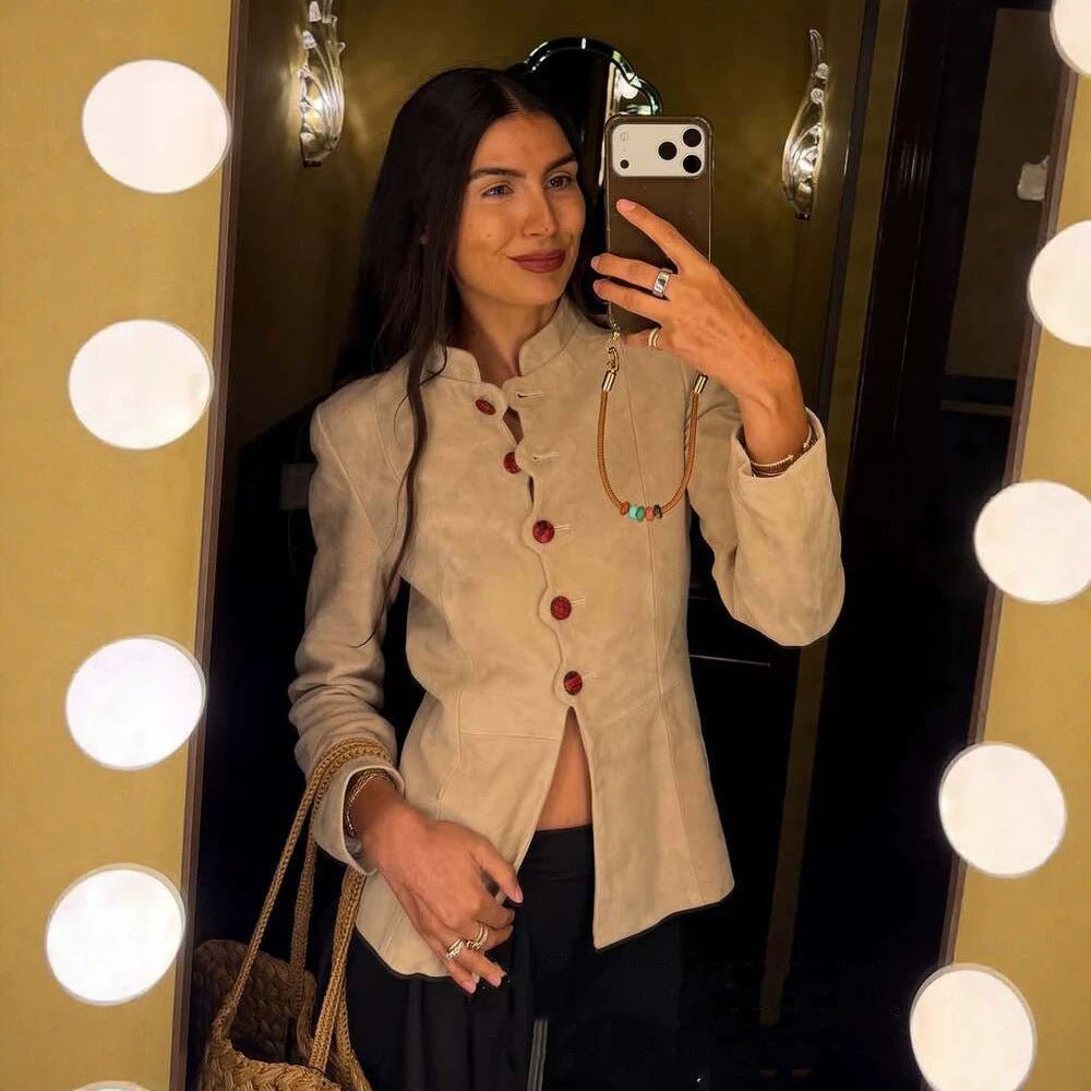 Women's Tailored Suede Blazer with Stand Collar and Decorative Buttons Chichicherry - Chichicherry