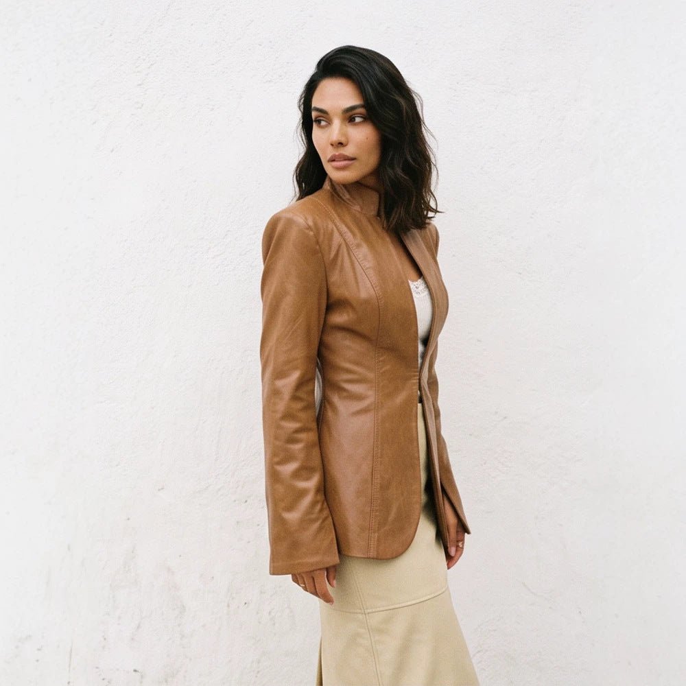Women's tailored vegan leather blazer with sculpted seams and stand-up collar Chichicherry - Chichicherry