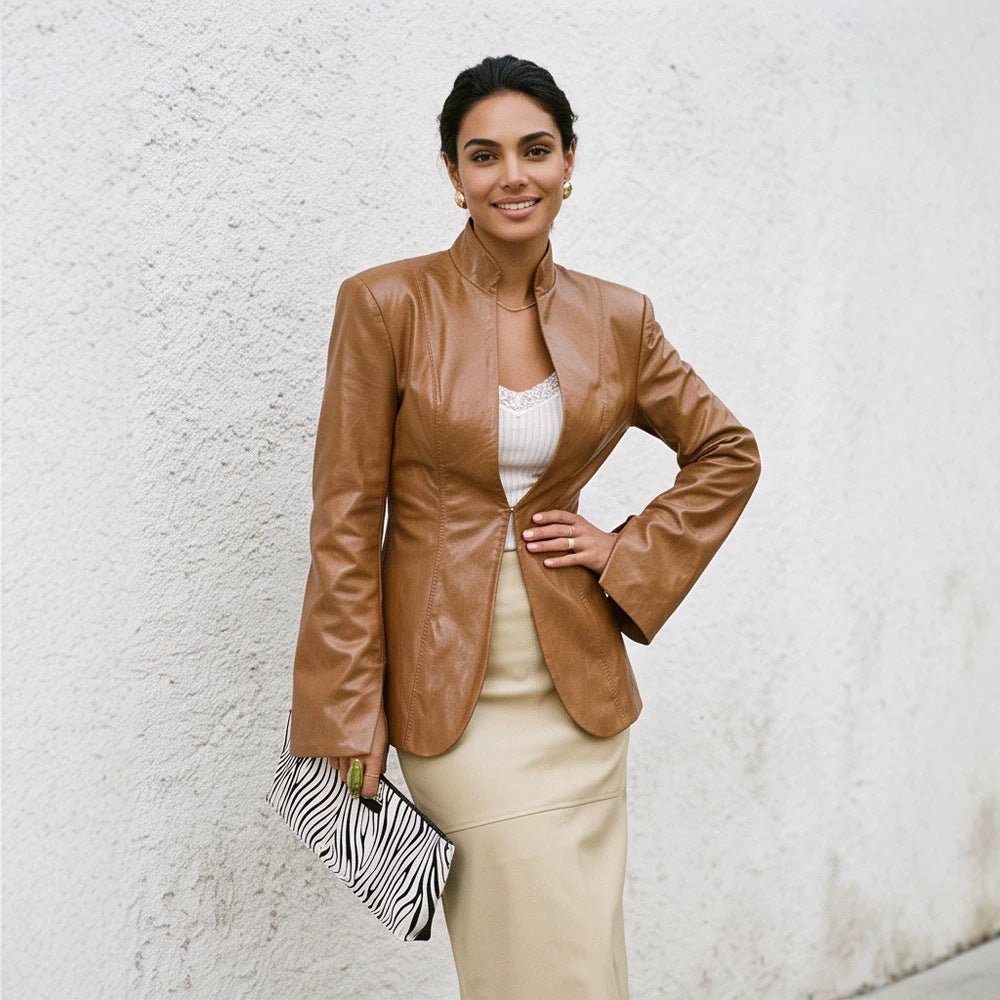 Women's tailored vegan leather blazer with sculpted seams and stand-up collar Chichicherry - Chichicherry
