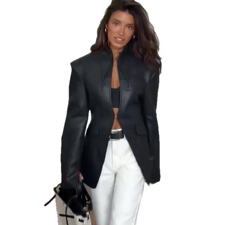 Women's tailored vegan leather blazer with sculpted seams and stand-up collar Chichicherry - Chichicherry