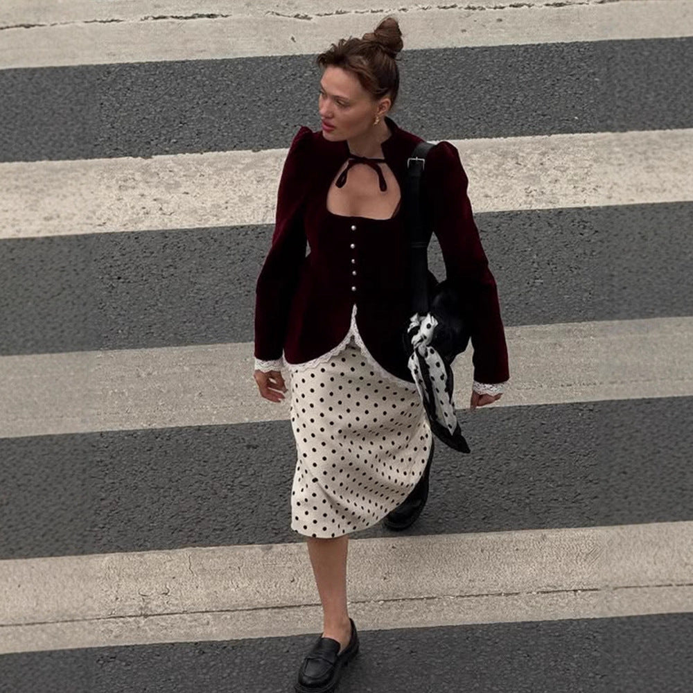 Women's tailored velvet blazer dress with heart neckline, pearl buttons, and lace trim Chichicherry - Chichicherry