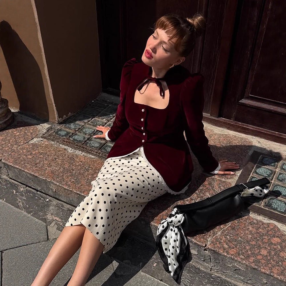 Women's tailored velvet blazer dress with heart neckline, pearl buttons, and lace trim Chichicherry - Chichicherry