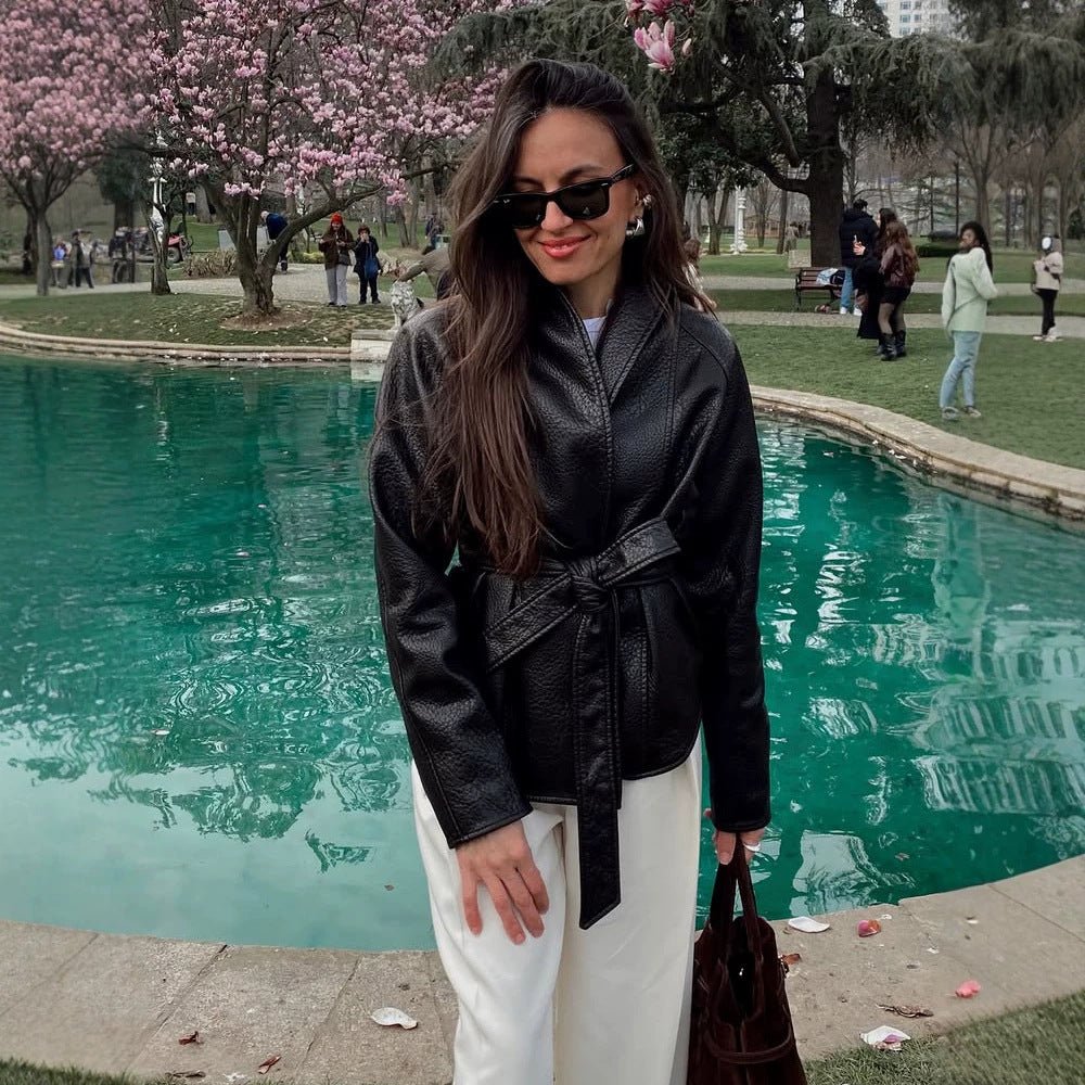 Women's Tailored Wrap Blouson in Structured Leather Look with Tie Belt Chichicherry - Chichicherry