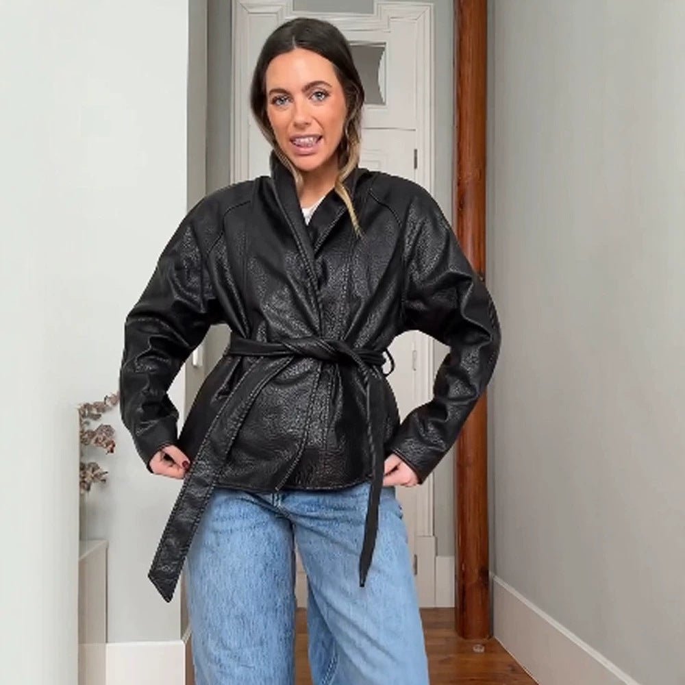 Women's Tailored Wrap Blouson in Structured Leather Look with Tie Belt Chichicherry - Chichicherry