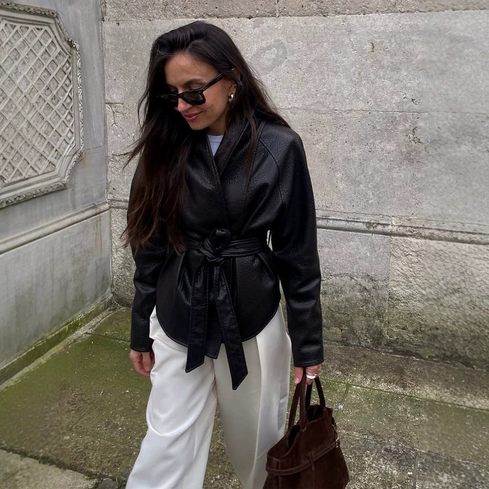 Women's Tailored Wrap Blouson in Structured Leather Look with Tie Belt Chichicherry - Chichicherry