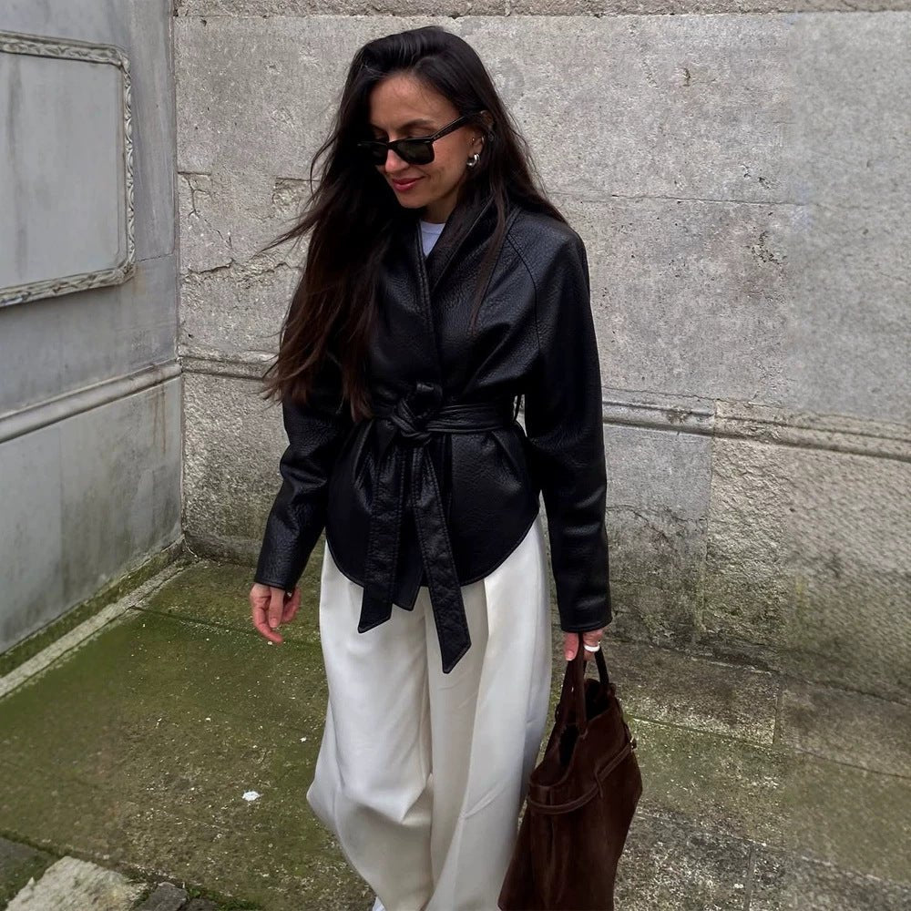 Women's Tailored Wrap Blouson in Structured Leather Look with Tie Belt Chichicherry - Chichicherry