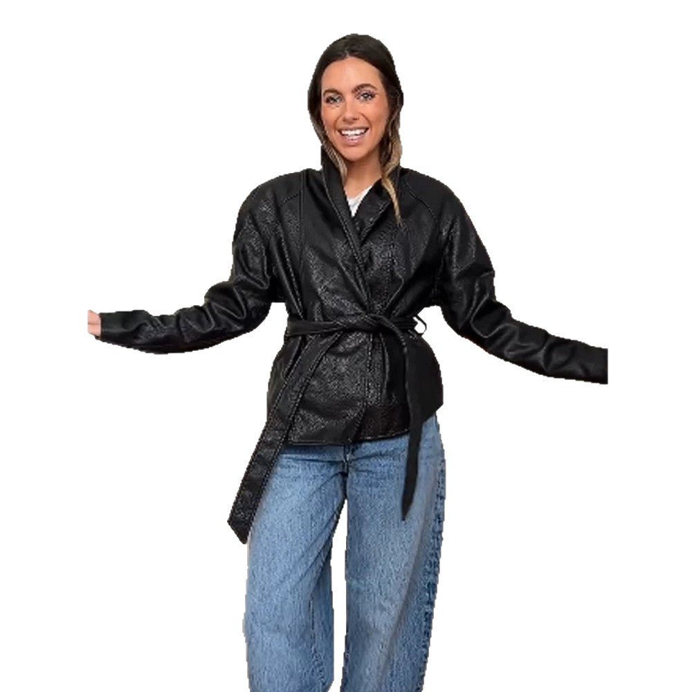 Women's Tailored Wrap Blouson in Structured Leather Look with Tie Belt Chichicherry - Chichicherry
