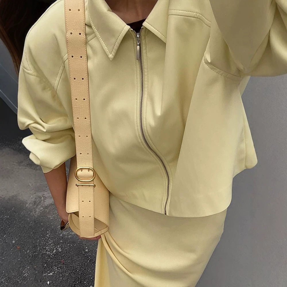 Women's Tailored Zip Blouson Set with Shirt Collar and Midi Skirt Chichicherry - Chichicherry