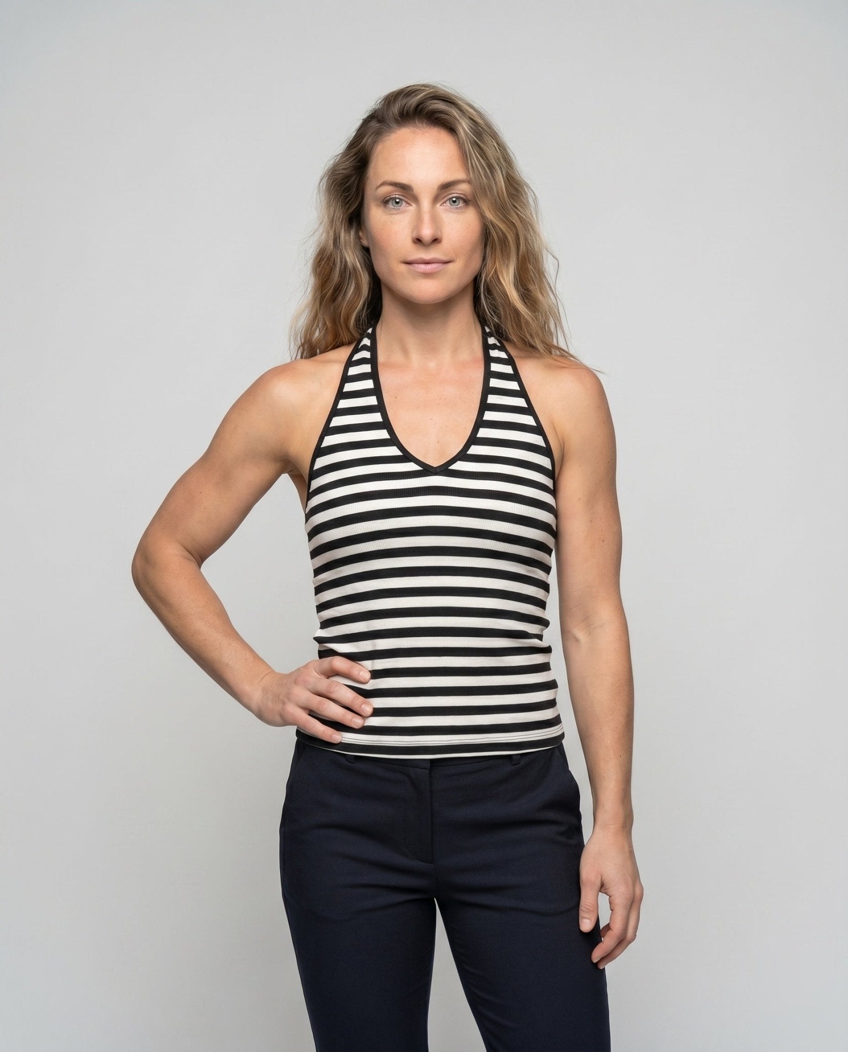 Women’s tank top with deep V-neckline and stylish striped pattern - Chichicherry