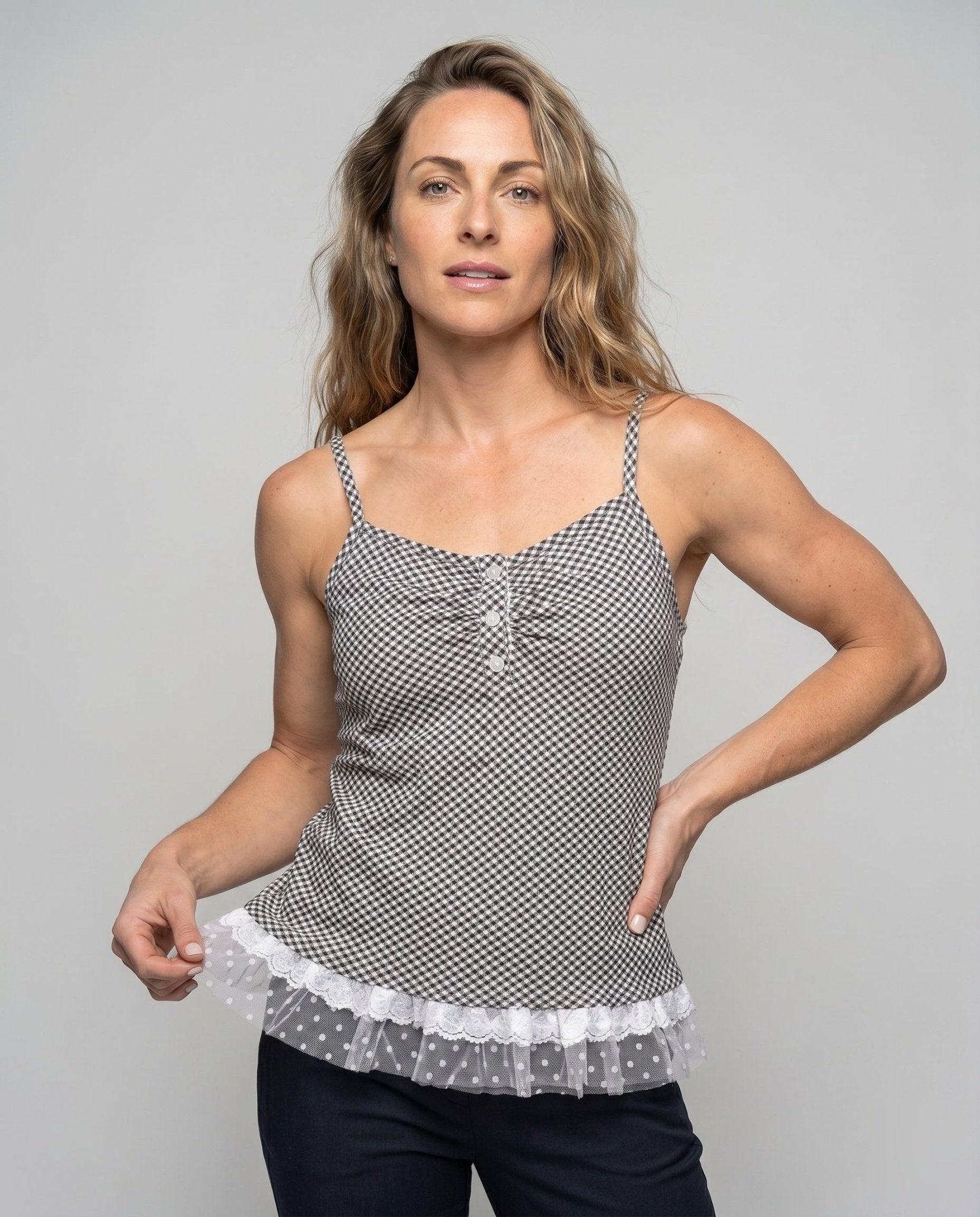 Women's tank top with playful check pattern and delicate ruffle - Chichicherry