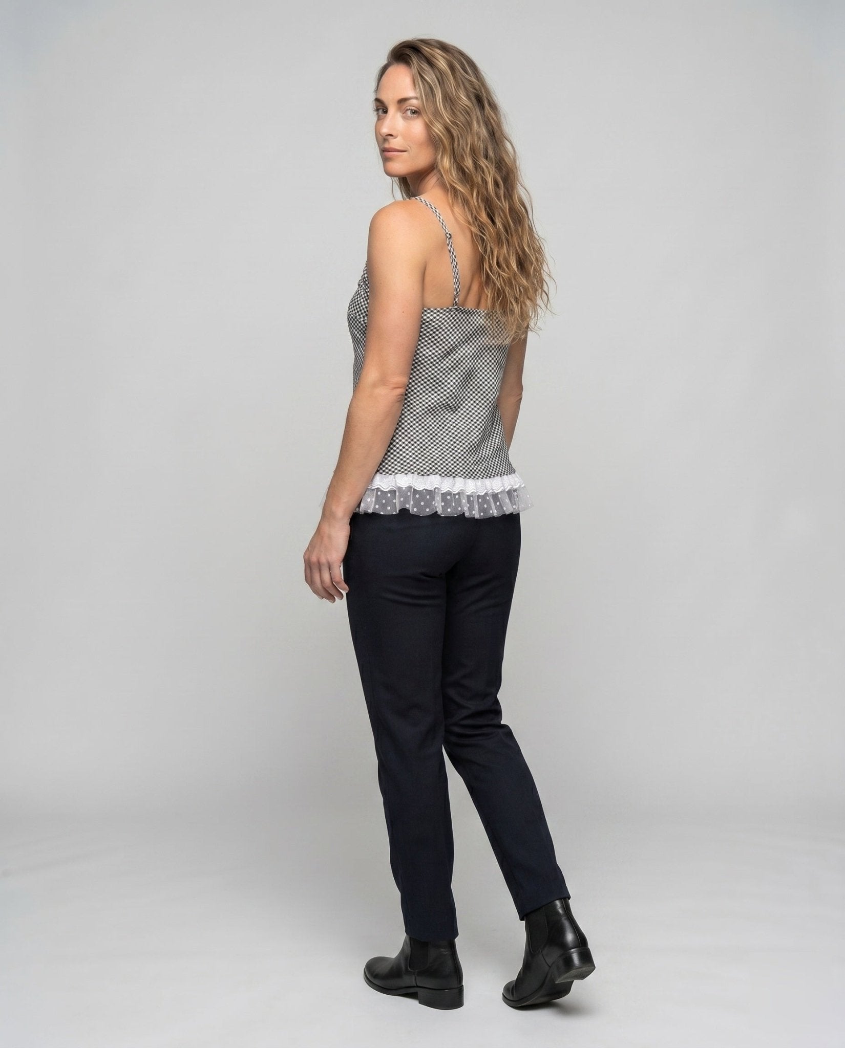 Women's tank top with playful check pattern and delicate ruffle - Chichicherry