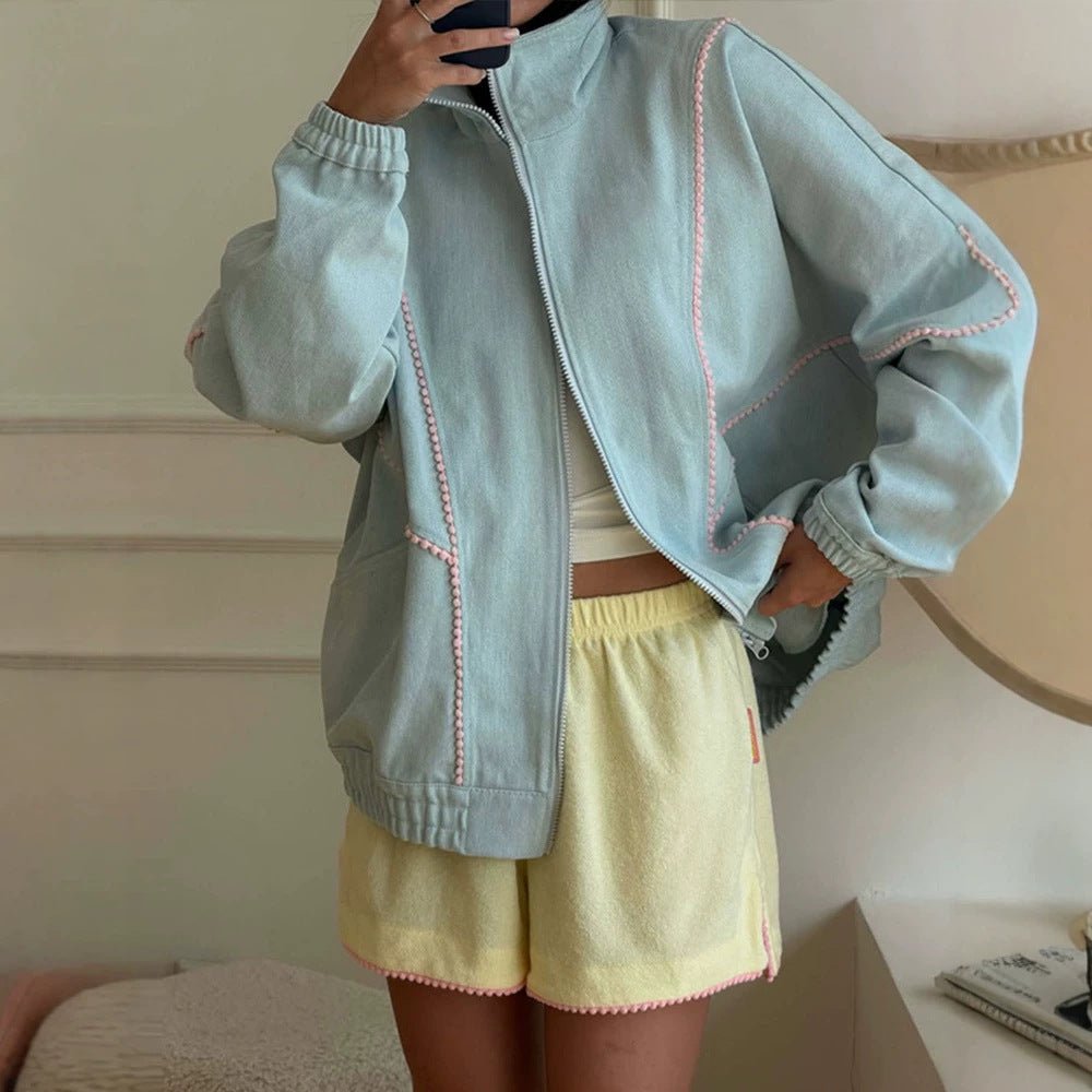 Women's Terry Loungewear Set with Zip Jacket, Oversized Cut & Pom Pom Trim Chichicherry - Chichicherry