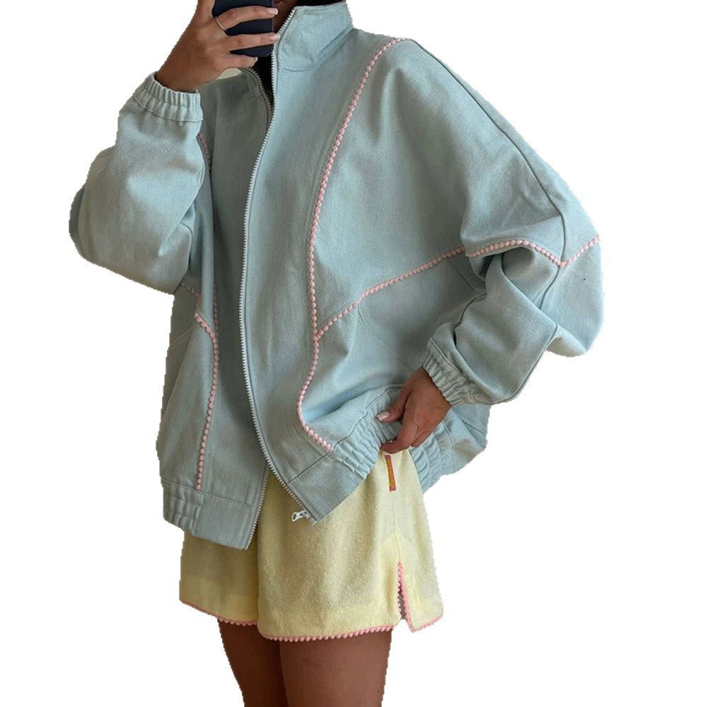 Women's Terry Loungewear Set with Zip Jacket, Oversized Cut & Pom Pom Trim Chichicherry - Chichicherry