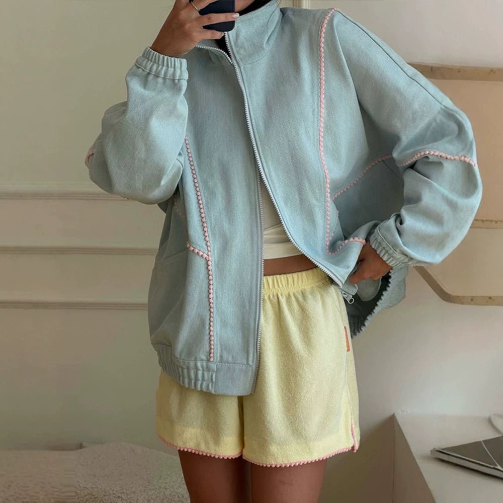 Women's Terry Loungewear Set with Zip Jacket, Oversized Cut & Pom Pom Trim Chichicherry - Chichicherry
