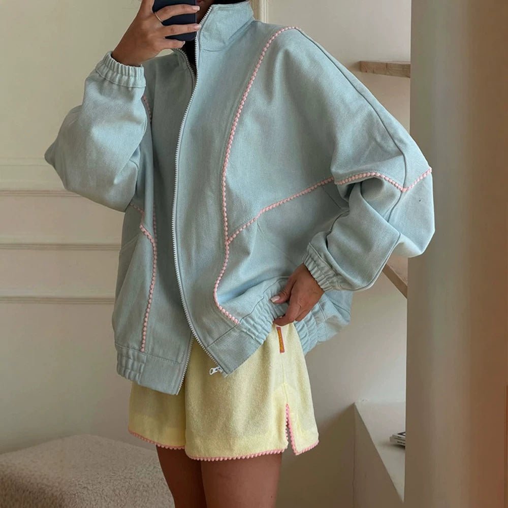 Women's Terry Loungewear Set with Zip Jacket, Oversized Cut & Pom Pom Trim Chichicherry - Chichicherry