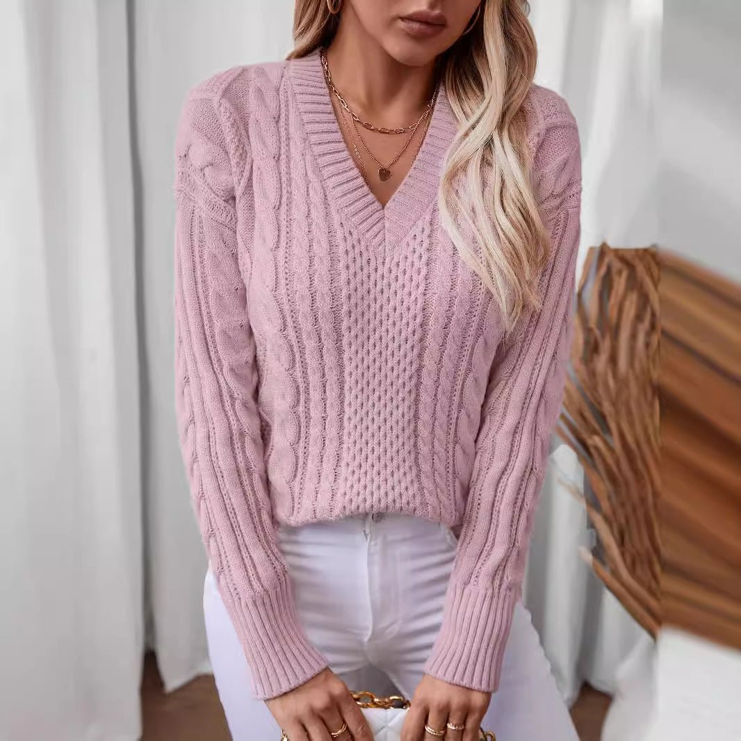 Women's Textured V - Neck Cable Knit Sweater - Chichicherry