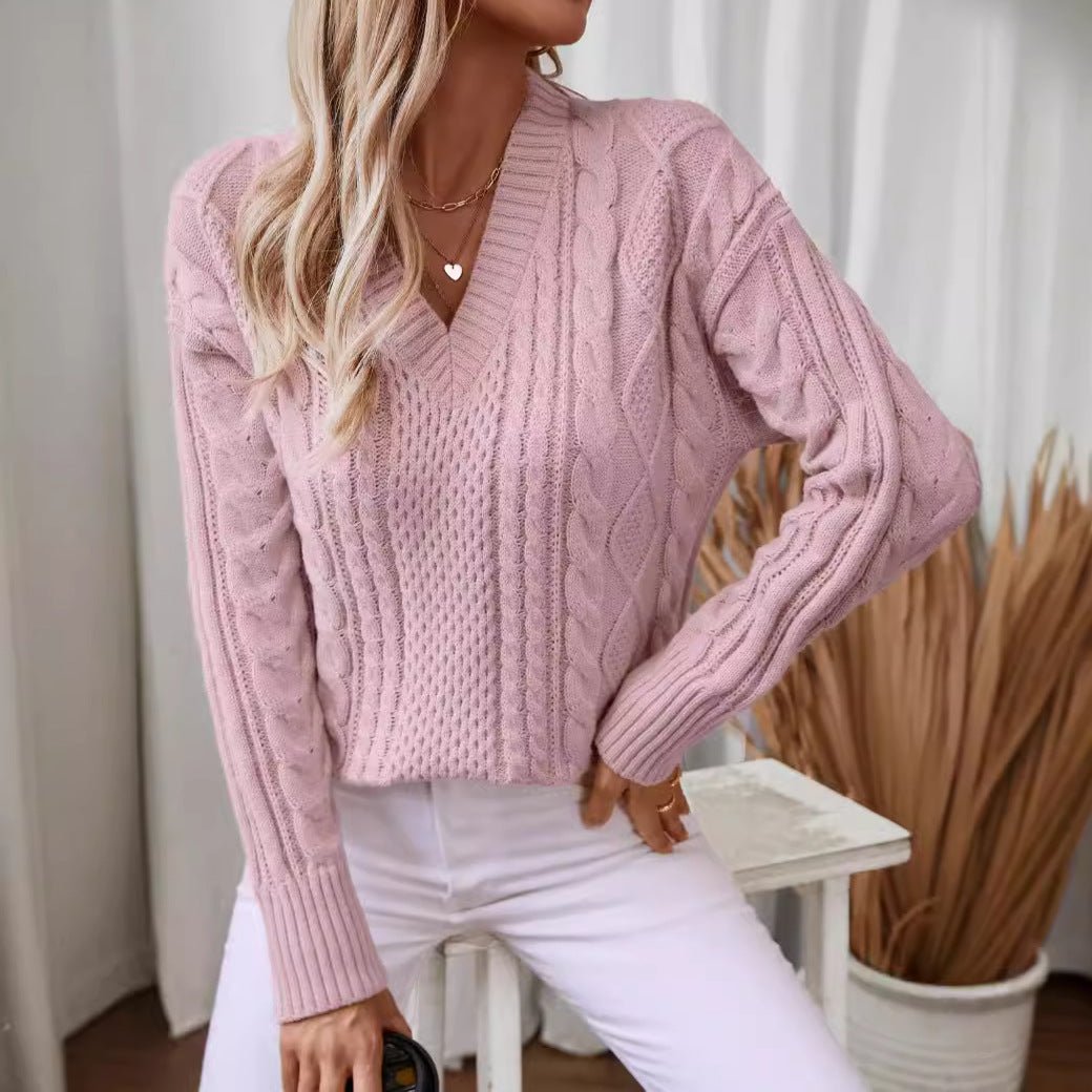 Women's Textured V - Neck Cable Knit Sweater - Chichicherry