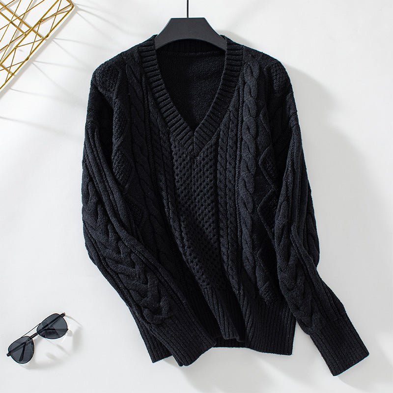 Women's Textured V - Neck Cable Knit Sweater - Chichicherry