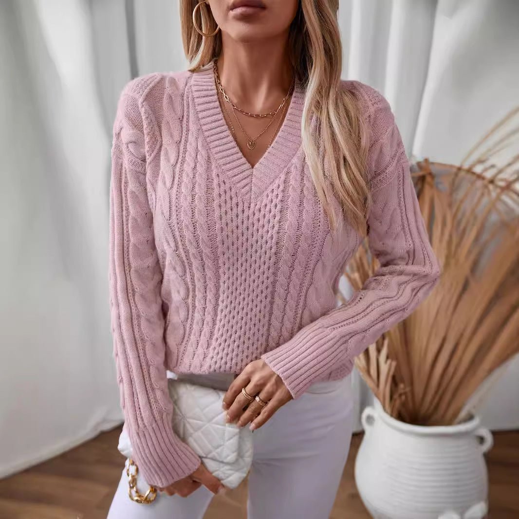 Women's Textured V - Neck Cable Knit Sweater - Chichicherry