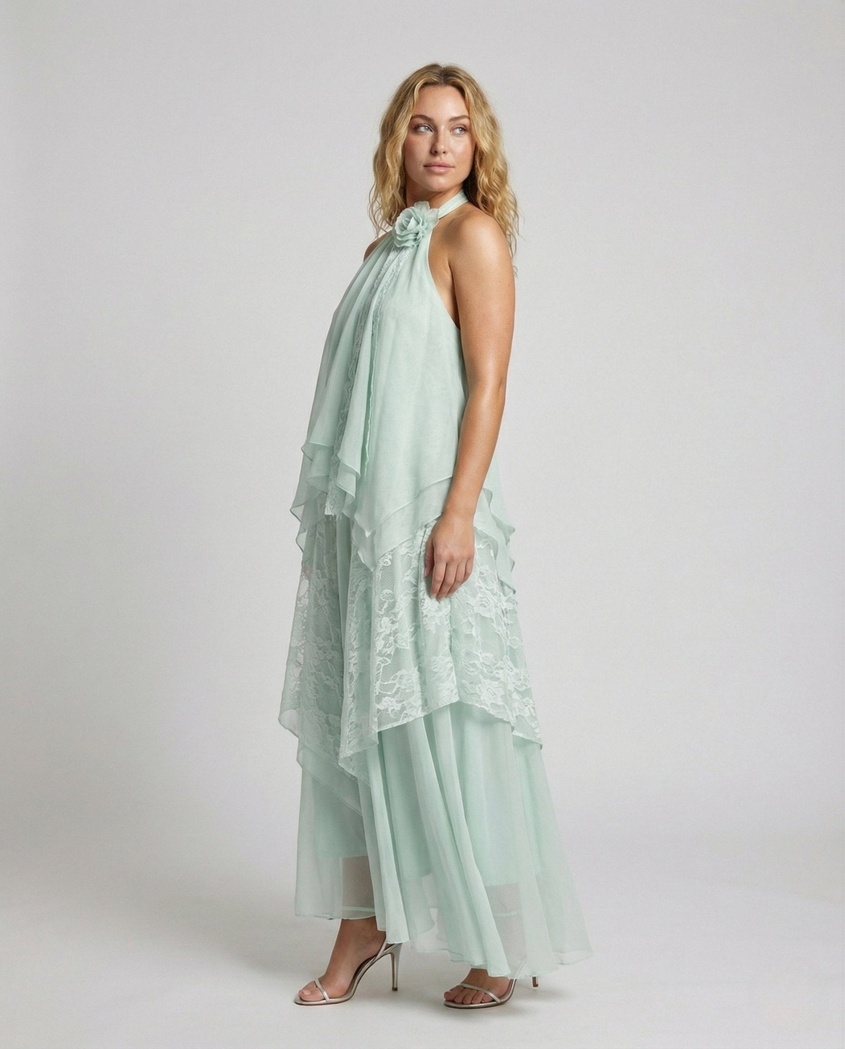 Women's Tiered Maxi Dress with Lace Overlay - Chichicherry