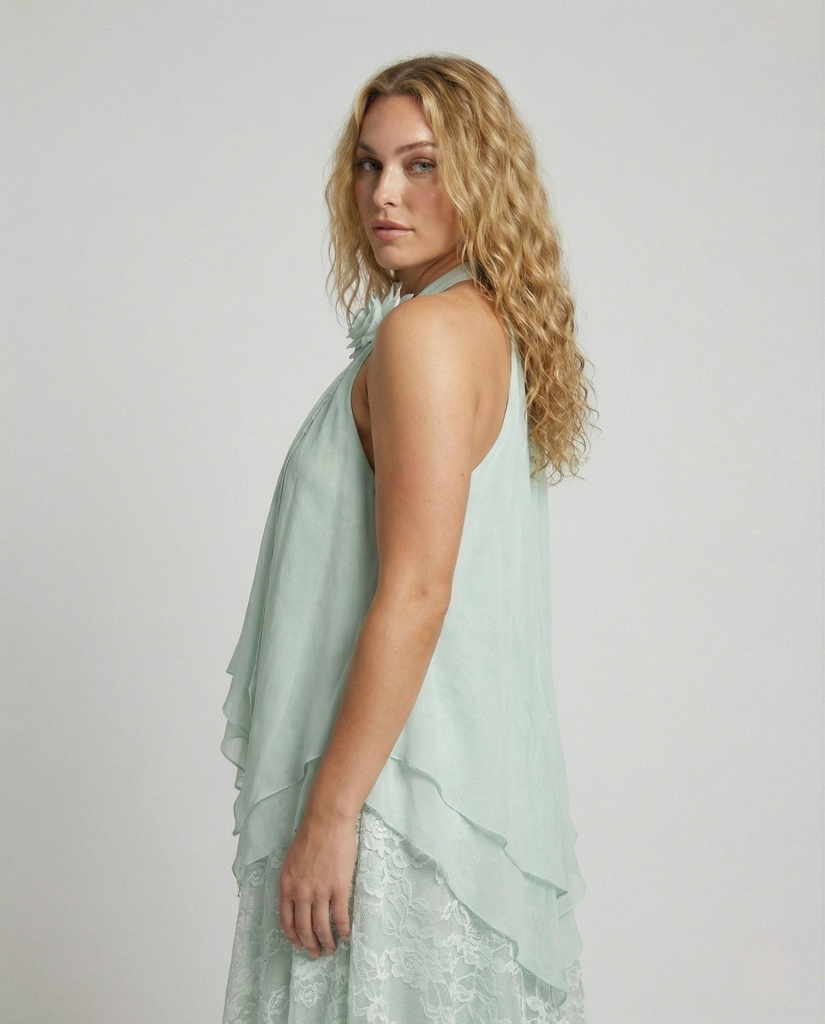 Women's Tiered Maxi Dress with Lace Overlay - Chichicherry