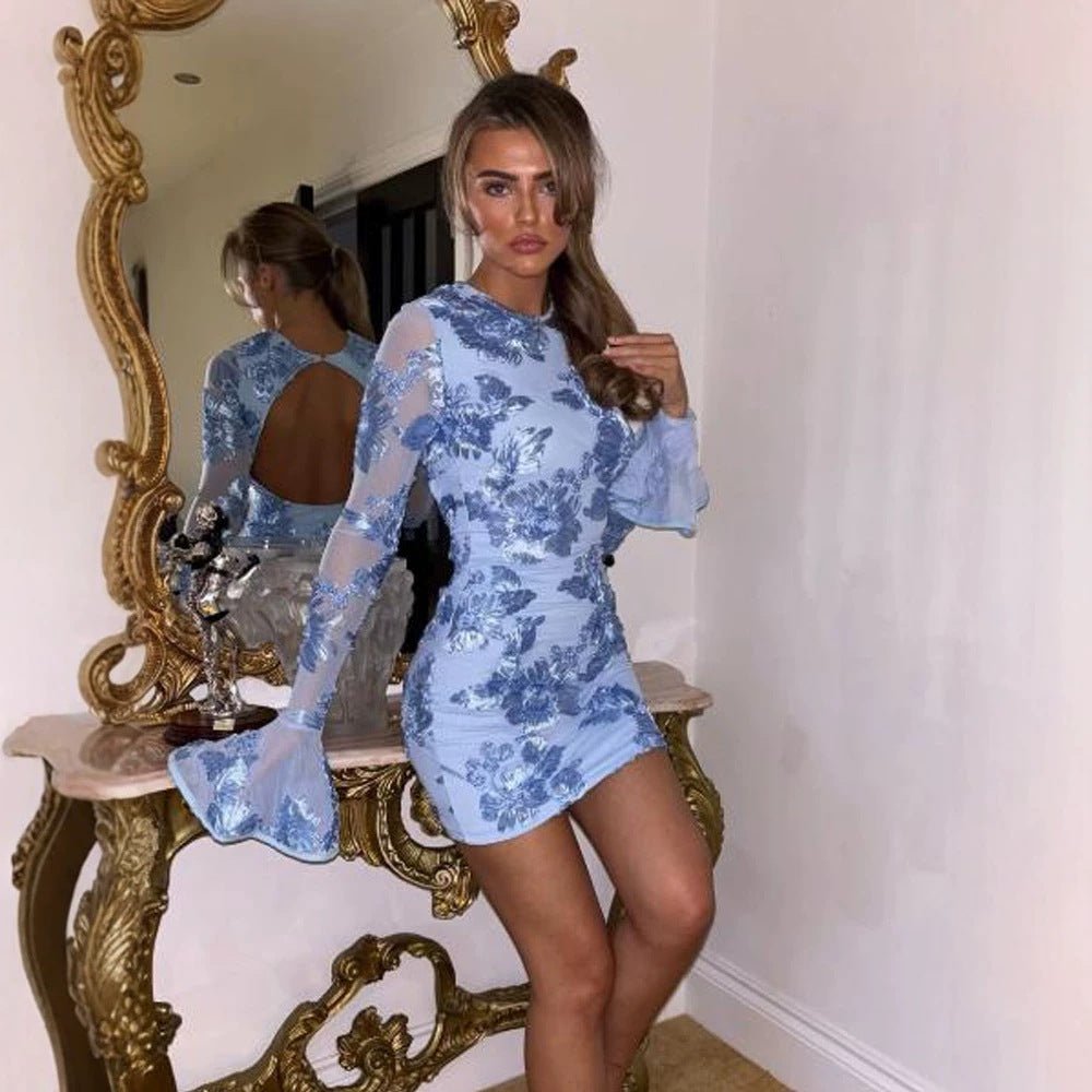 Women's Tight Mini Dress with Floral Lace Applique, Transparent Sleeves and Ruffle Cuffs Chichicherry - Chichicherry