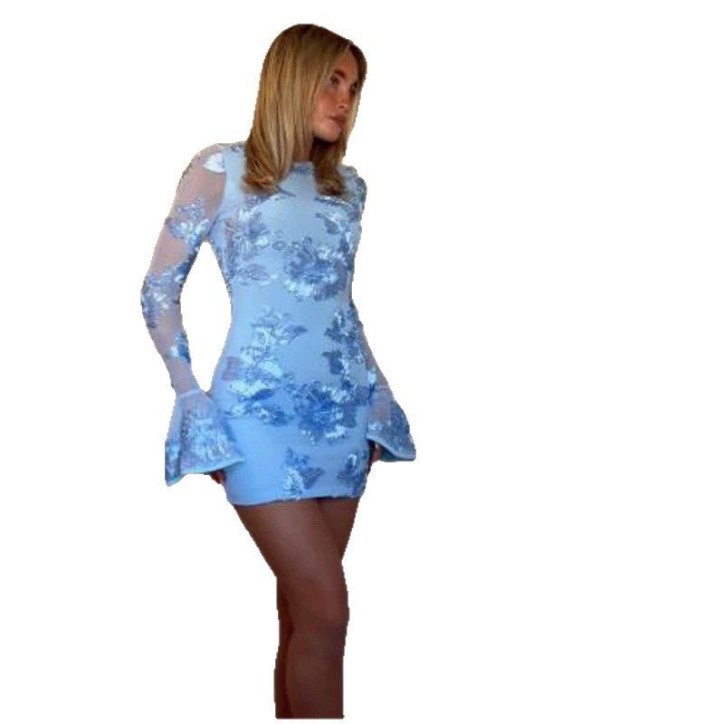 Women's Tight Mini Dress with Floral Lace Applique, Transparent Sleeves and Ruffle Cuffs Chichicherry - Chichicherry