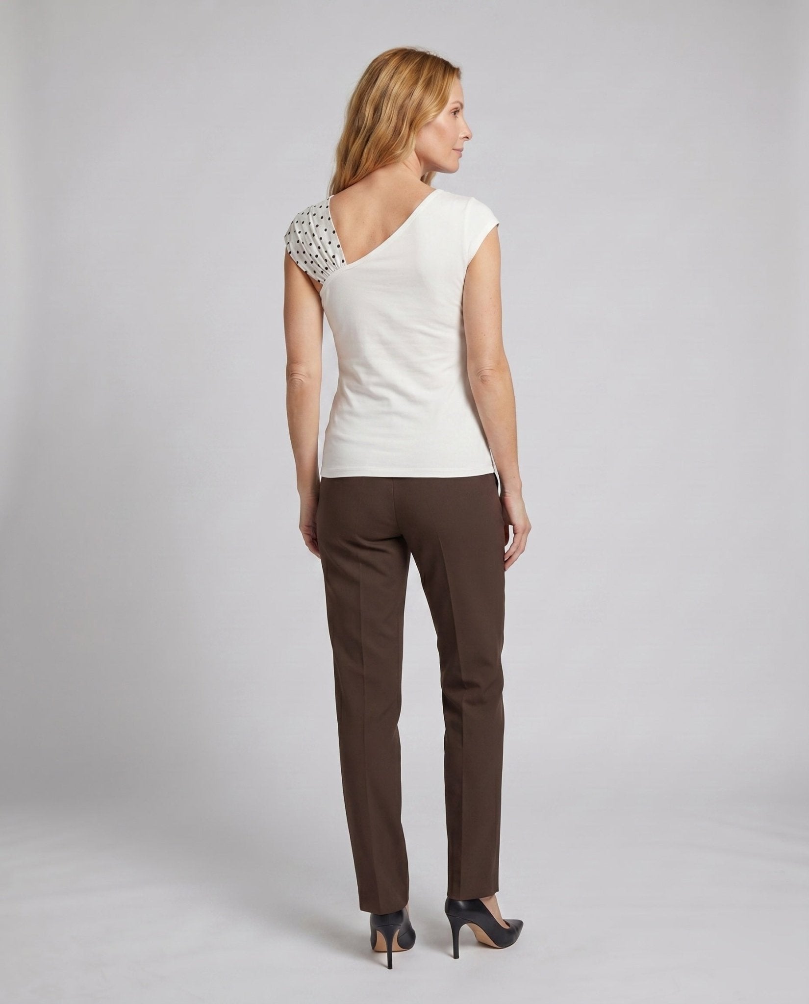 Women's top with asymmetric chiffon detail and bow accent - Chichicherry
