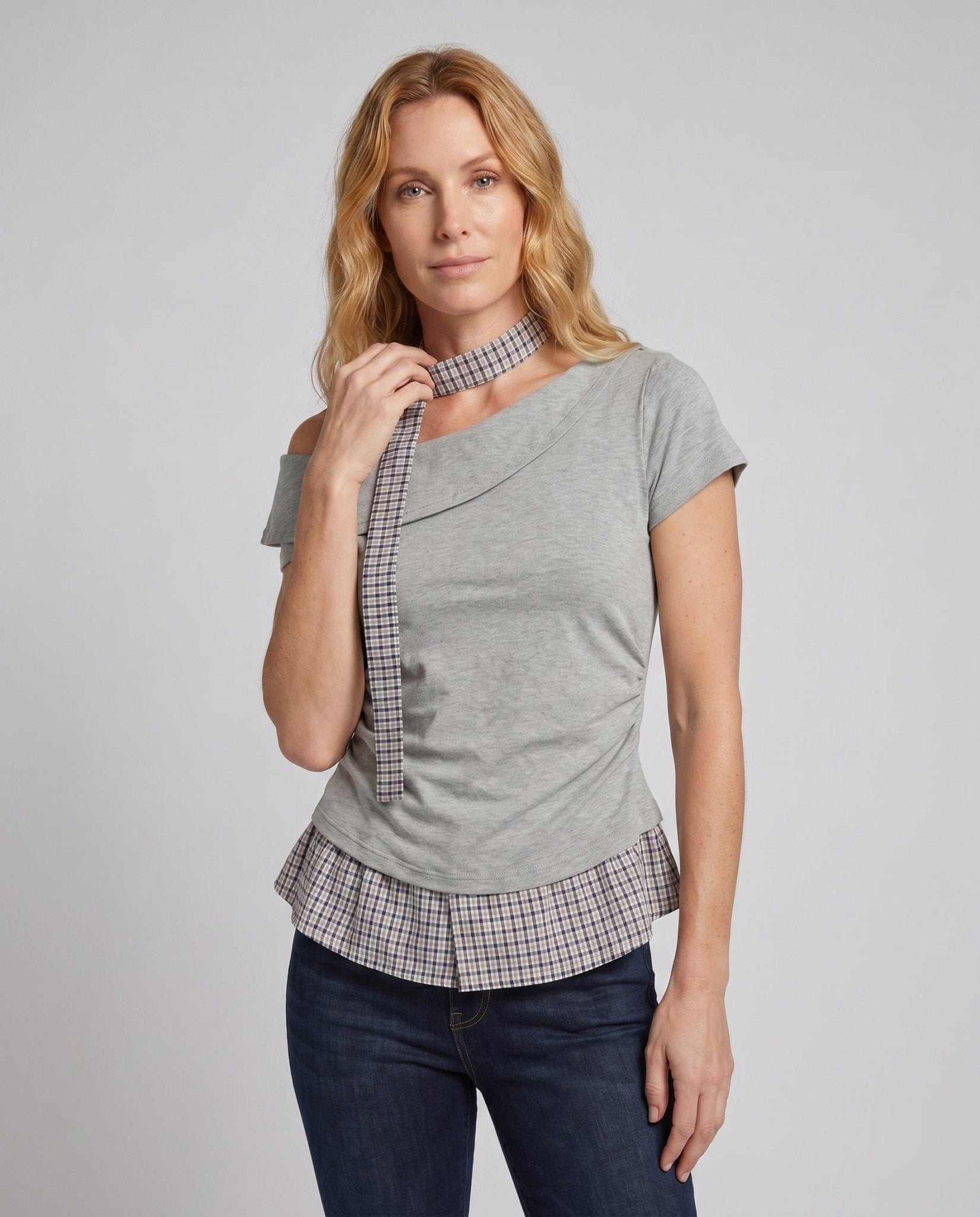 Women's top with asymmetrical cut and decorative check detail - Chichicherry