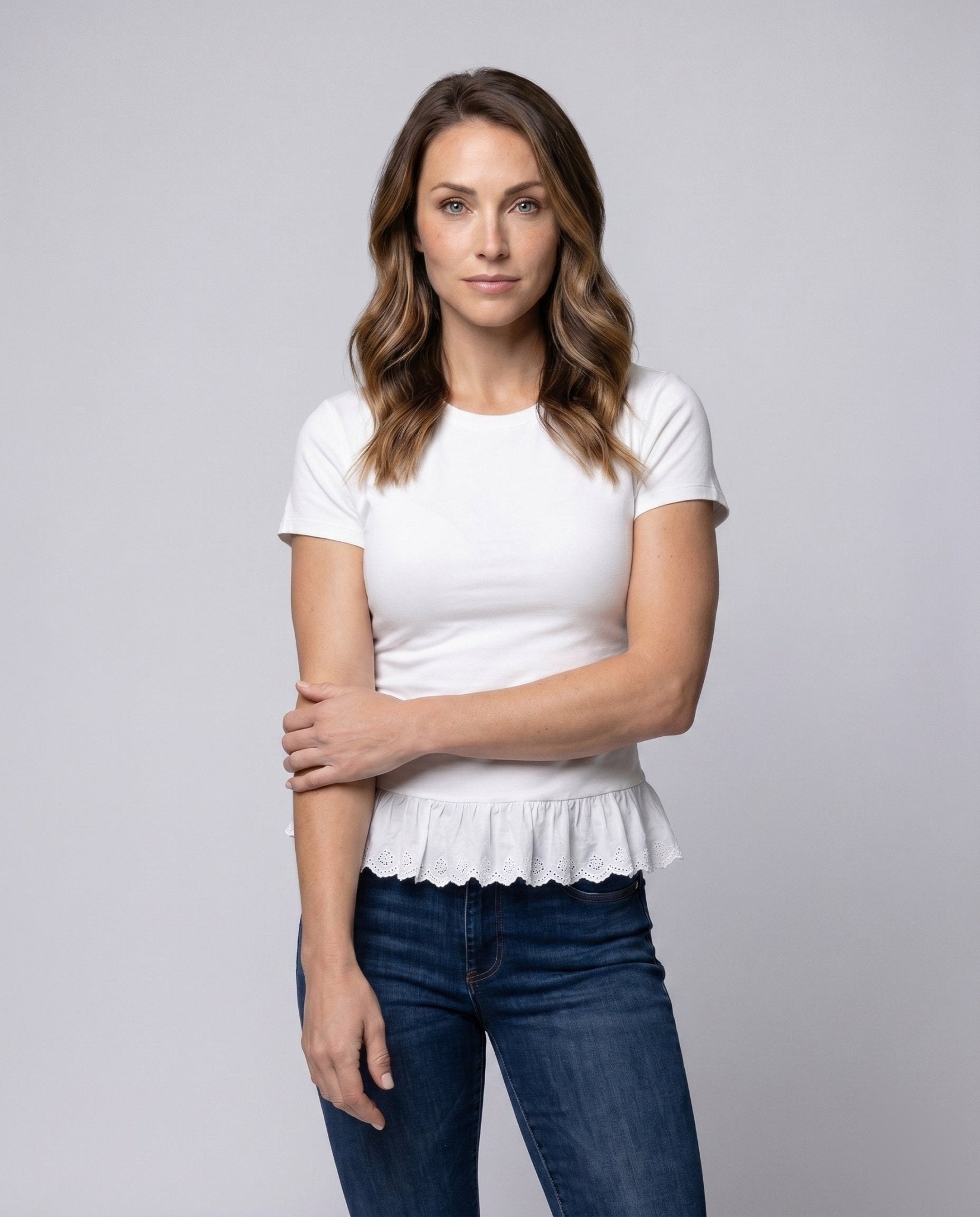 Women's top with playful ruffle and elegant lace embellishment - Chichicherry