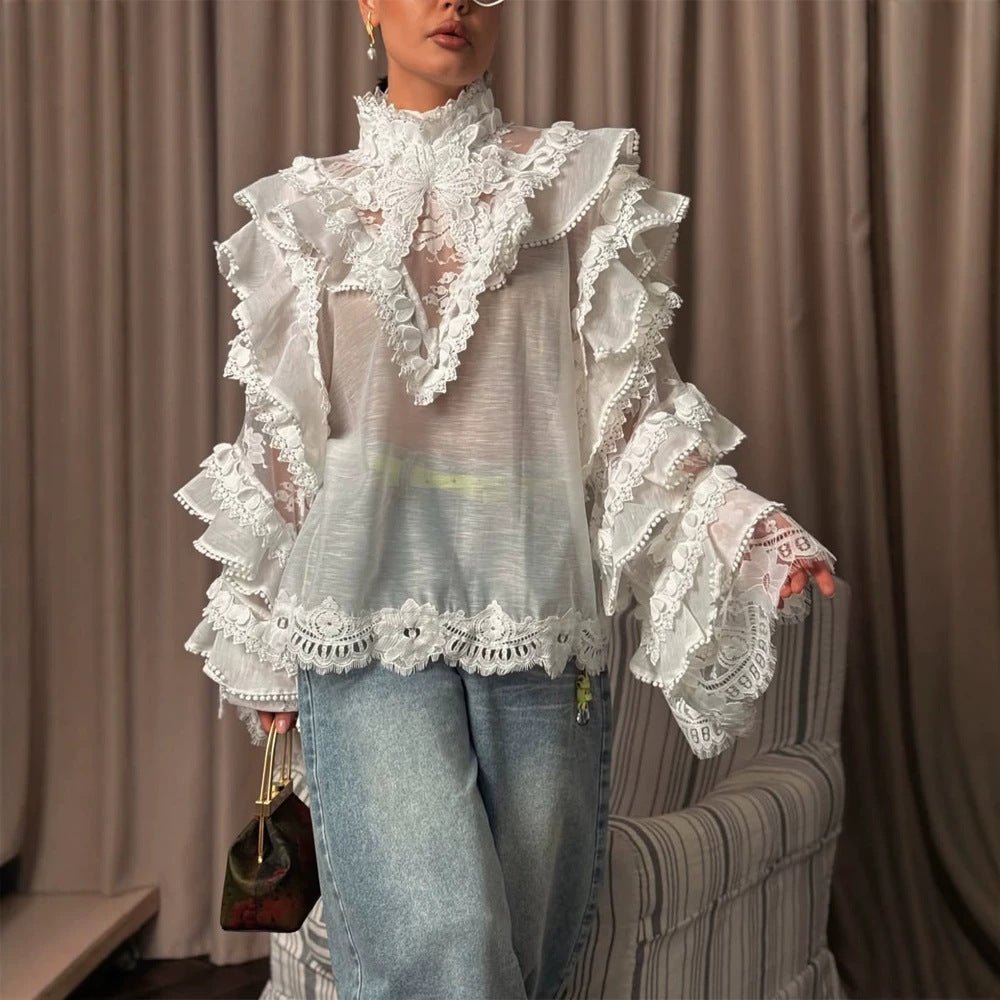 Women's Transparent Lace Blouse with Ruffle Sleeves and High Stand Collar Chichicherry - Chichicherry