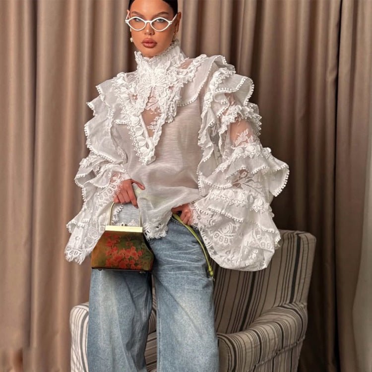 Women's Transparent Lace Blouse with Ruffle Sleeves and High Stand Collar Chichicherry - Chichicherry