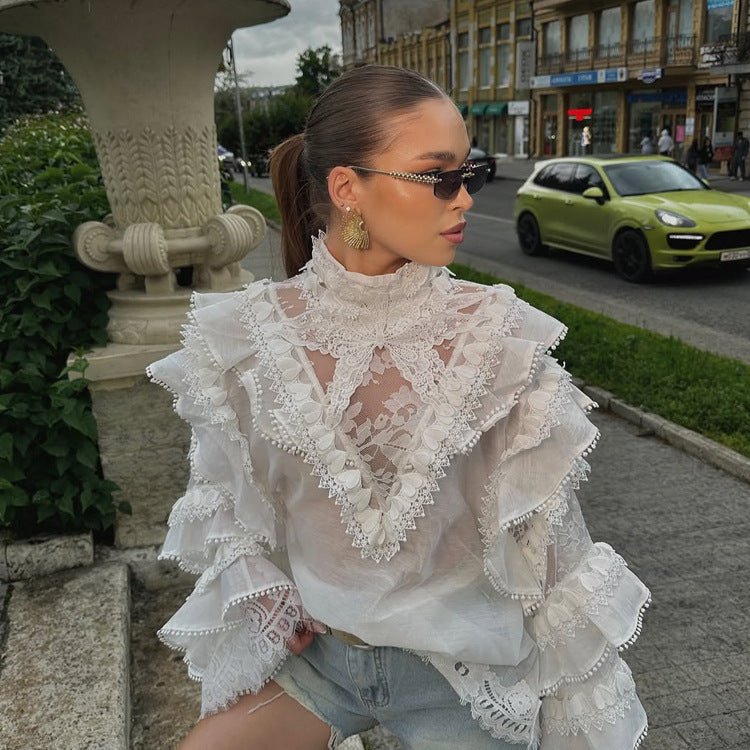 Women's Transparent Lace Blouse with Ruffle Sleeves and High Stand Collar Chichicherry - Chichicherry