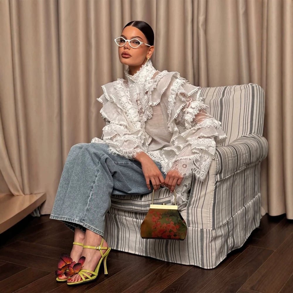 Women's Transparent Lace Blouse with Ruffle Sleeves and High Stand Collar Chichicherry - Chichicherry