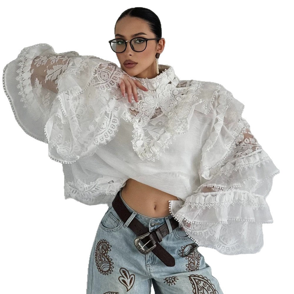 Women's Transparent Lace Blouse with Ruffle Sleeves and High Stand Collar Chichicherry - Chichicherry