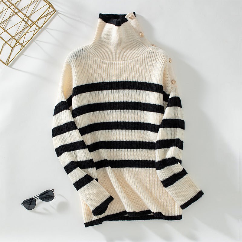 Women's Turtleneck Striped Sweater with Button Detail - Chichicherry